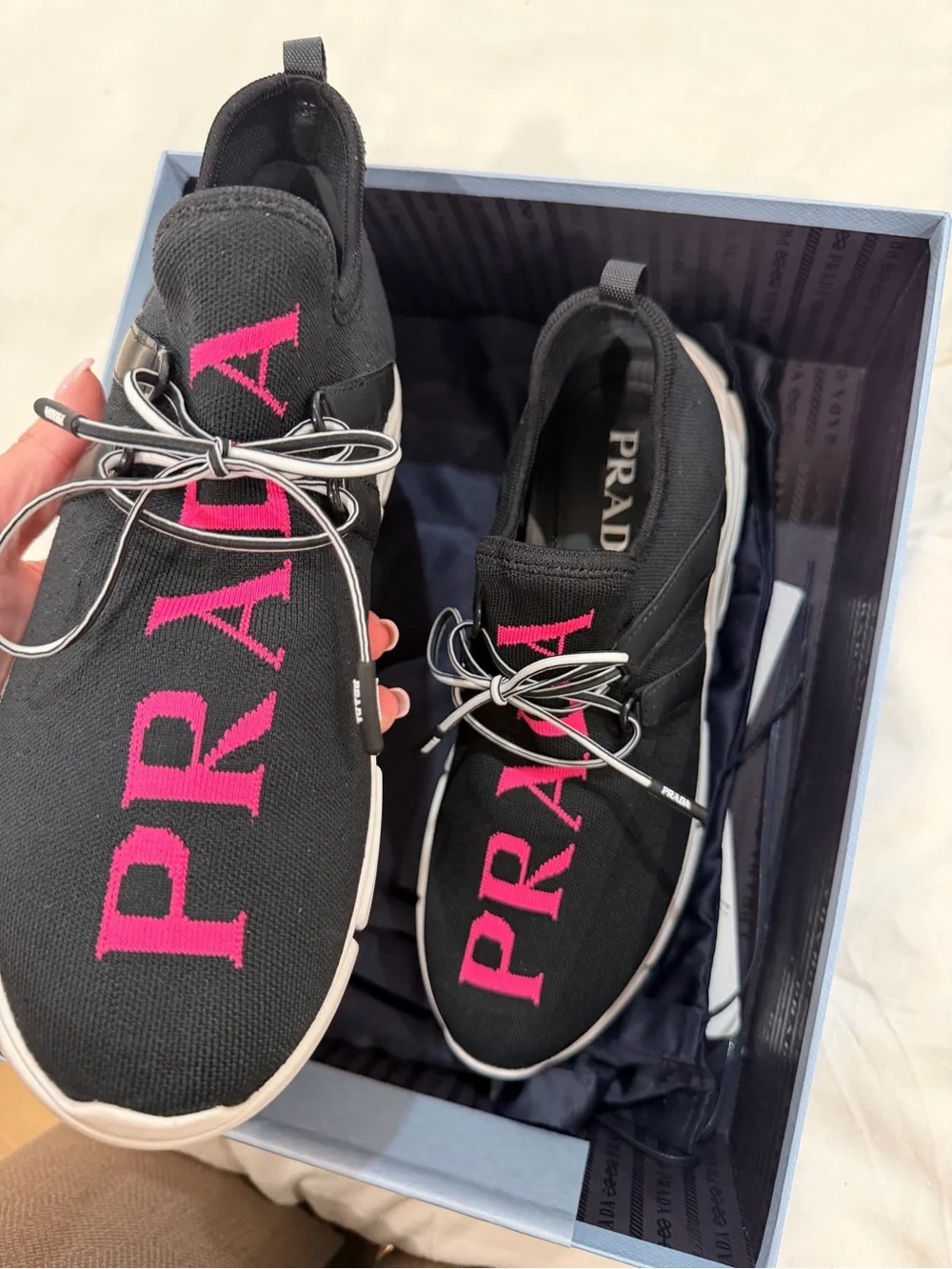 Prada Black & Hot Pink Knit Lace-Up Sneakers